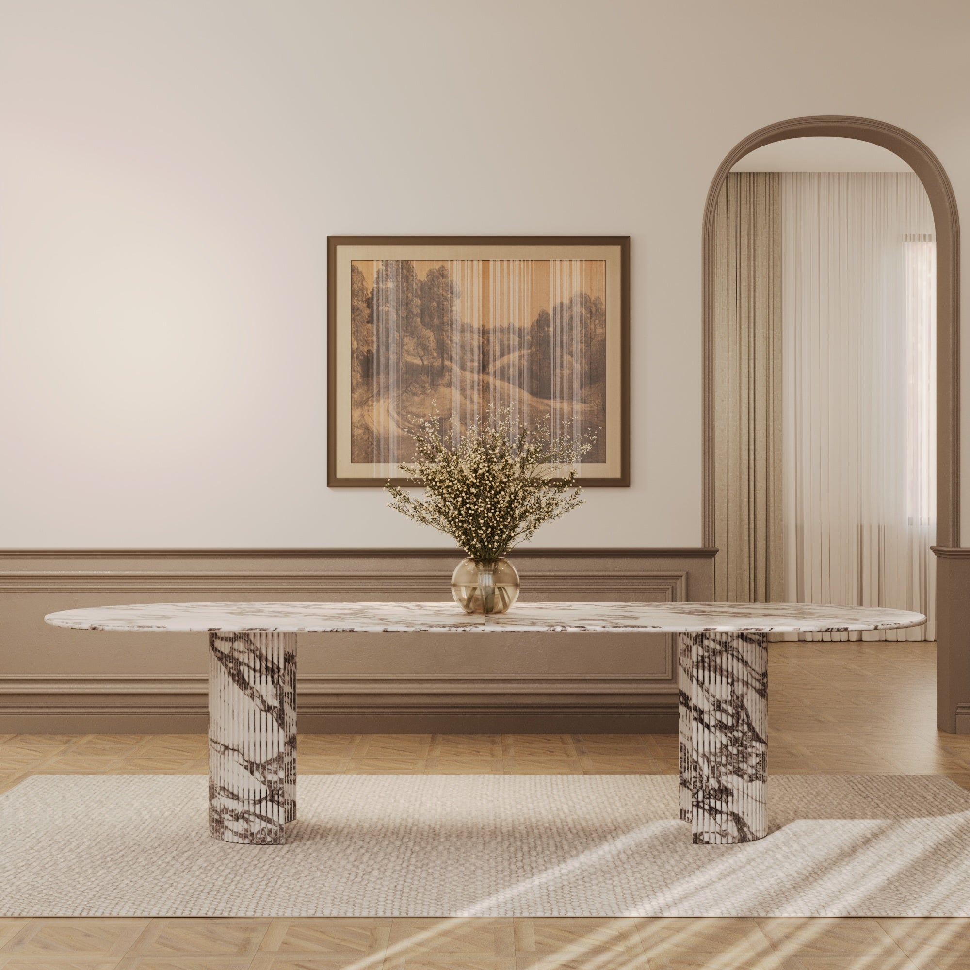 Aldo Calacatta Viola Oval Dining Table With Half Moon Fluted Base