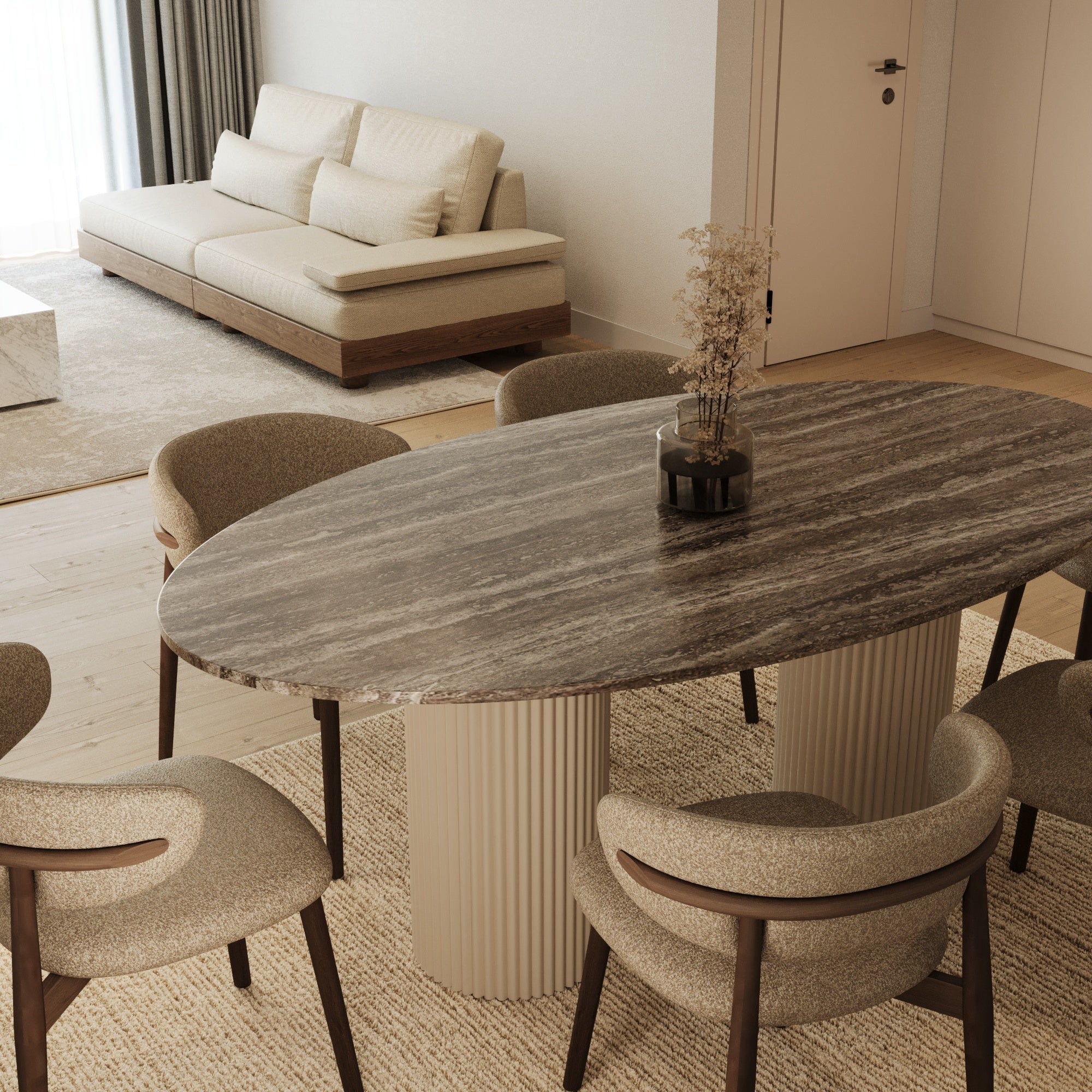 Lucente Grey Travertine Oval Dining Table With Fluted Base