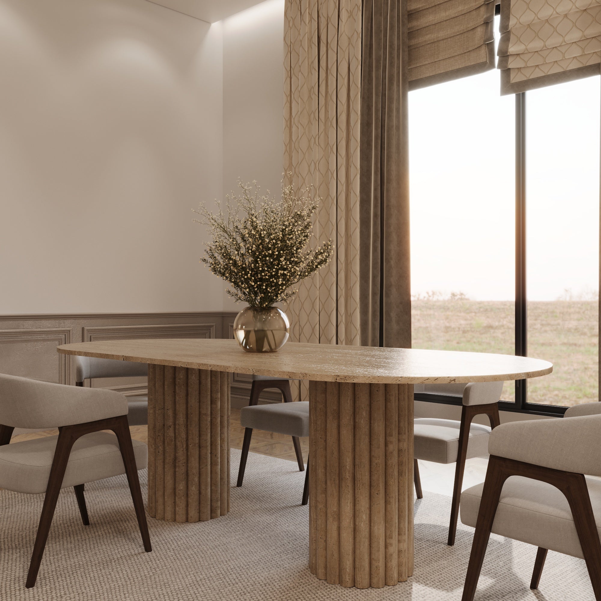 Lorenzo Travertine Oval Dining Table With Fluted Base