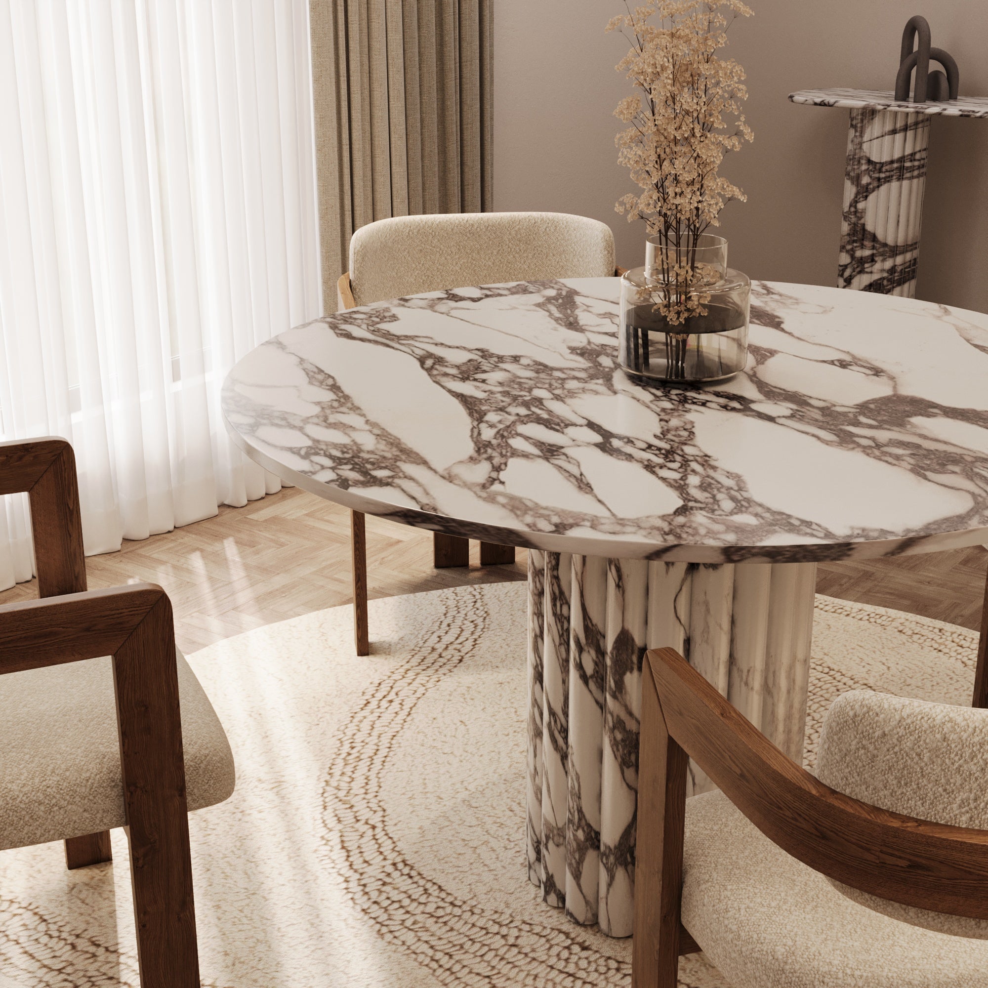 Lorenzo Calacatta Viola Round Dining Table With Fluted Base
