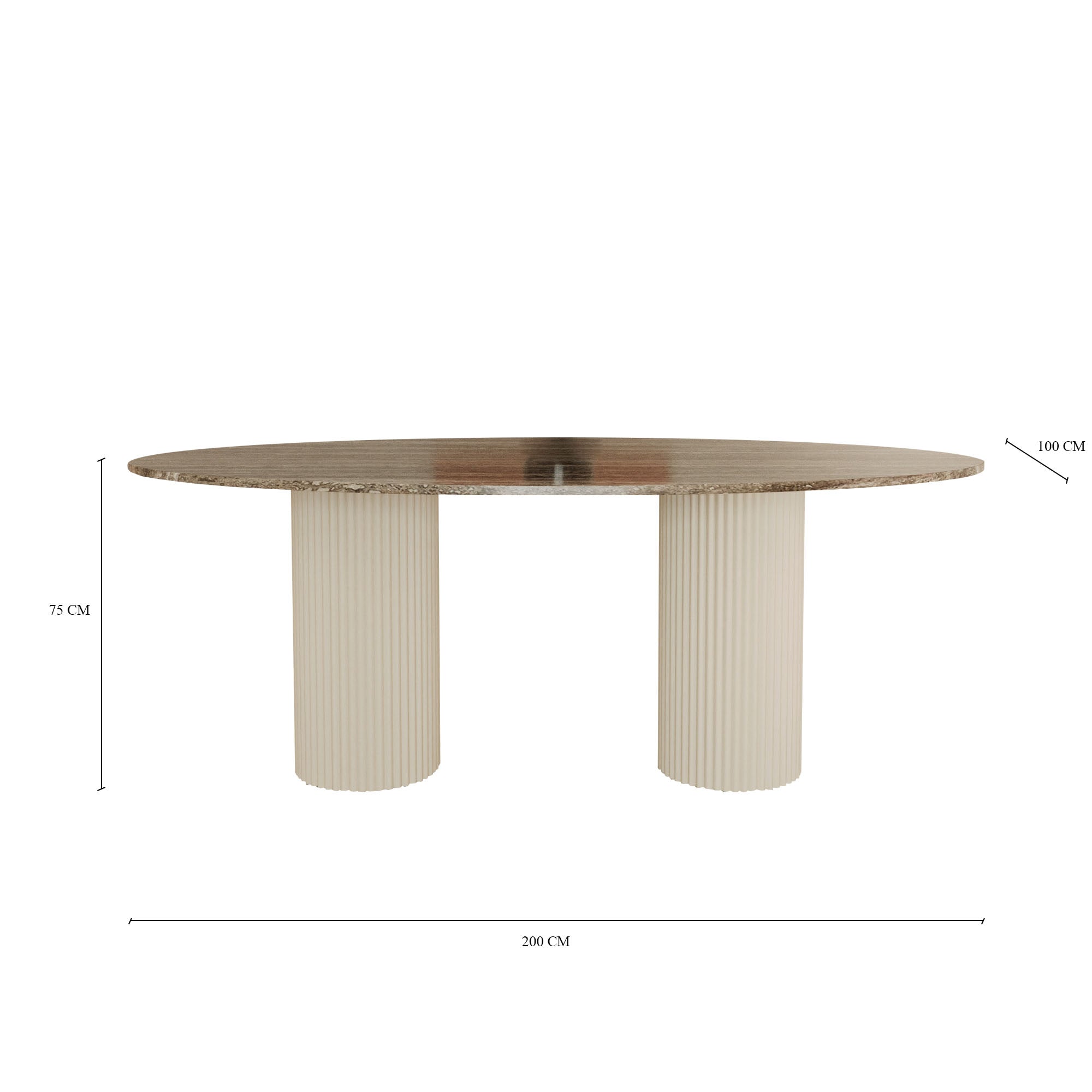 Lucente Grey Travertine Oval Dining Table With Fluted Base