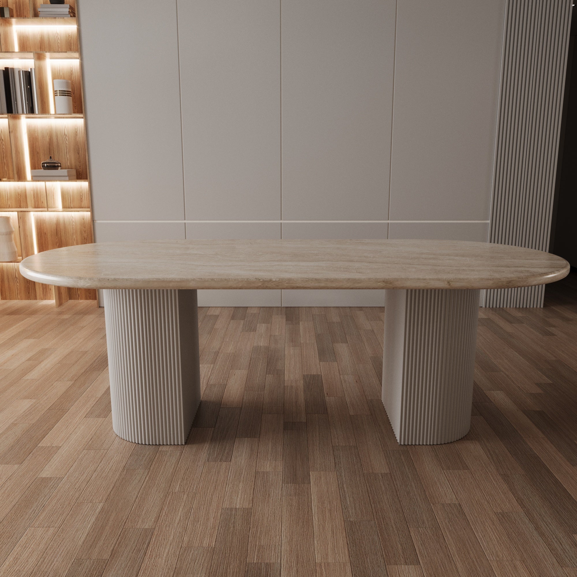 Lucente Cappuccino Oval Dining Table With Half Moon Fluted Base