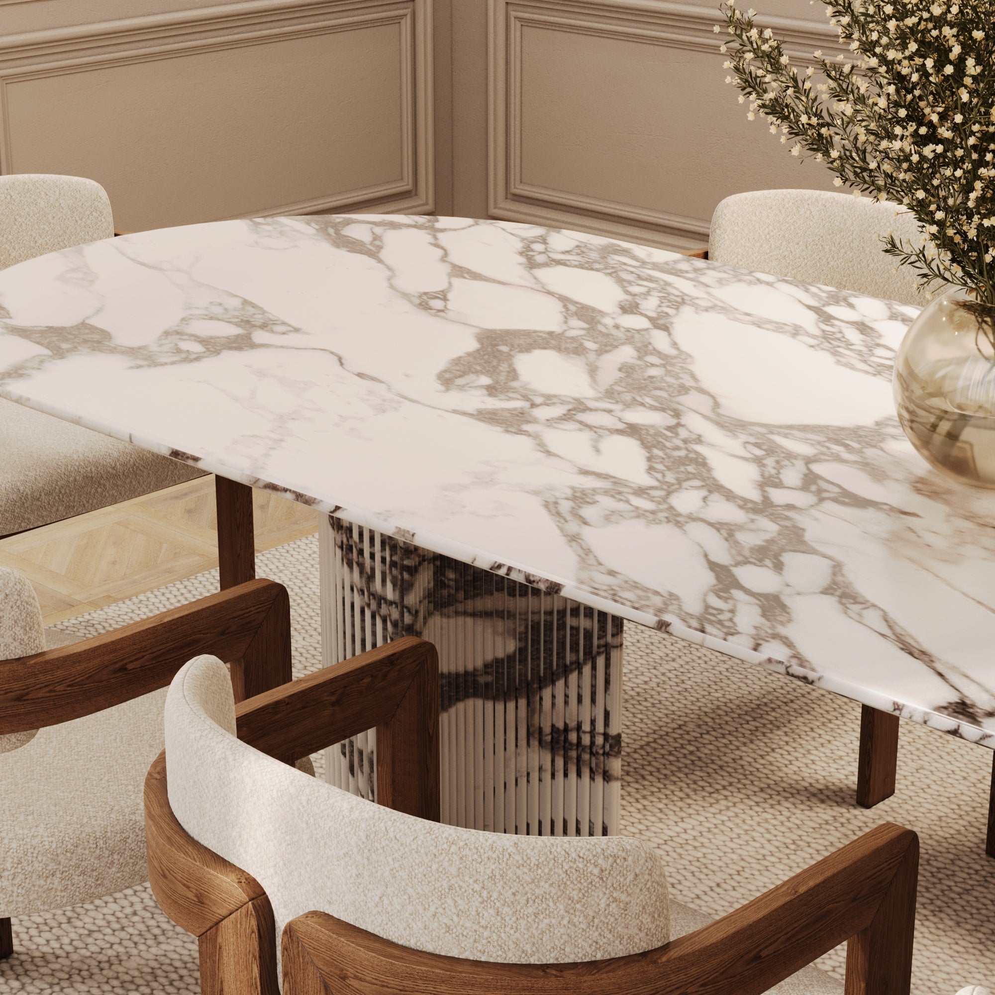 Aldo Calacatta Viola Oval Dining Table With Half Moon Fluted Base