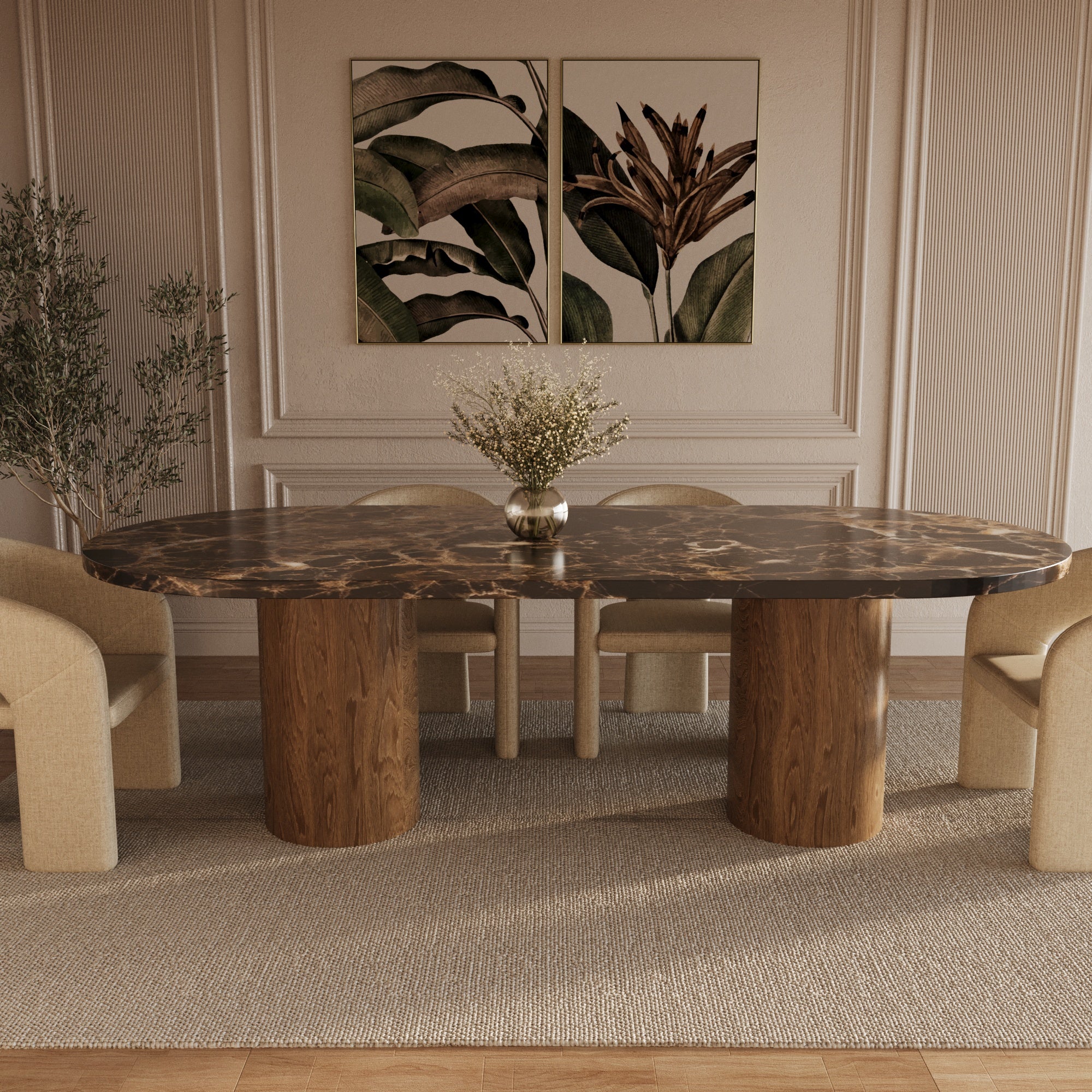 Vivian Dark Emperador Oval Marble Dining Table