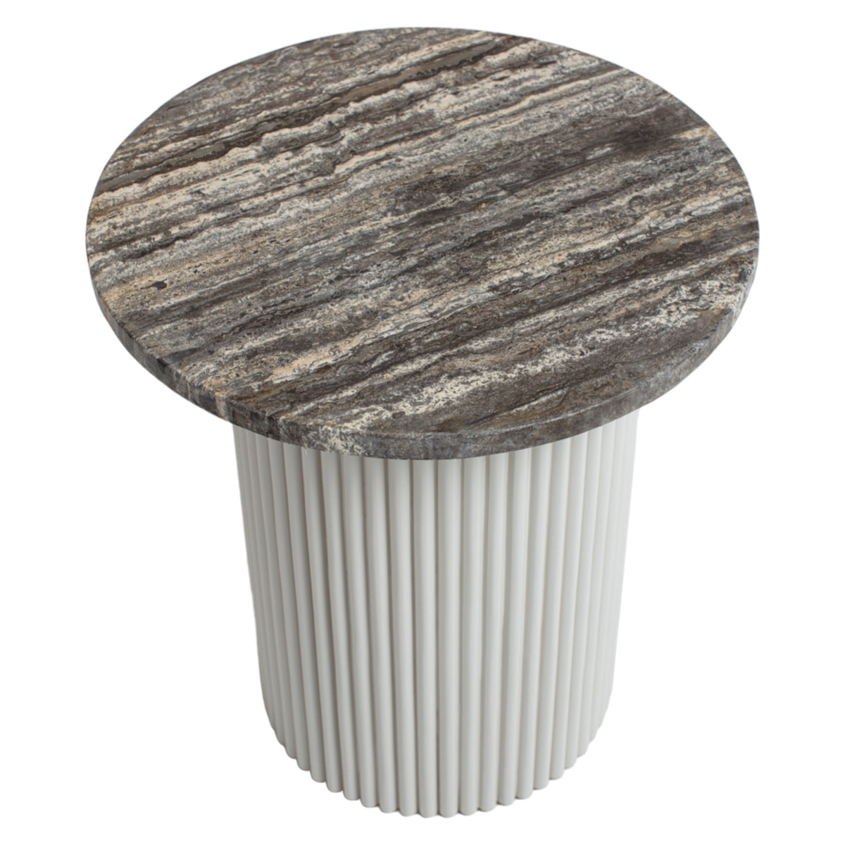 HAND MADE WHITE NORDIC GREY TRAVERTINE FLUTED SIDE TABLE