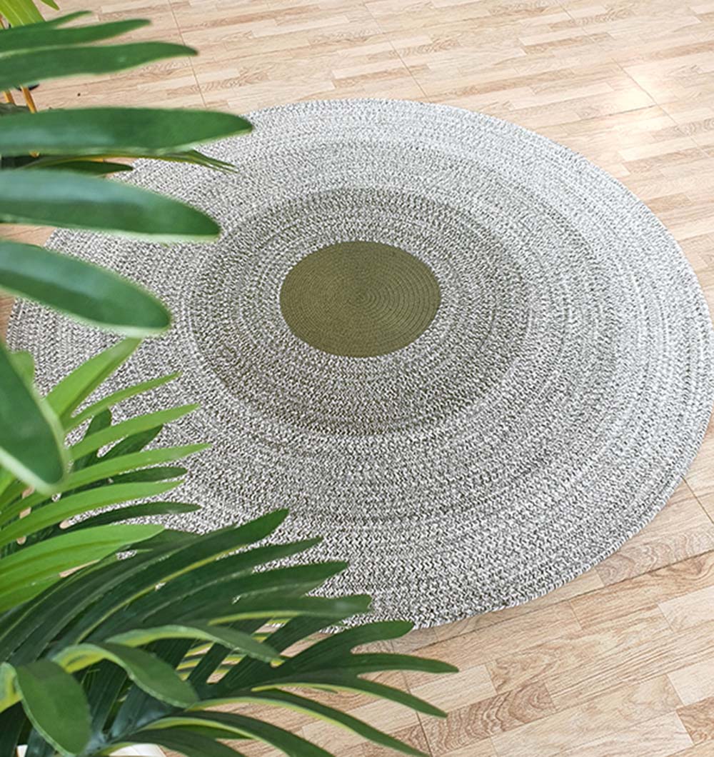 Handmade Dark Green & White Round Jute Rug