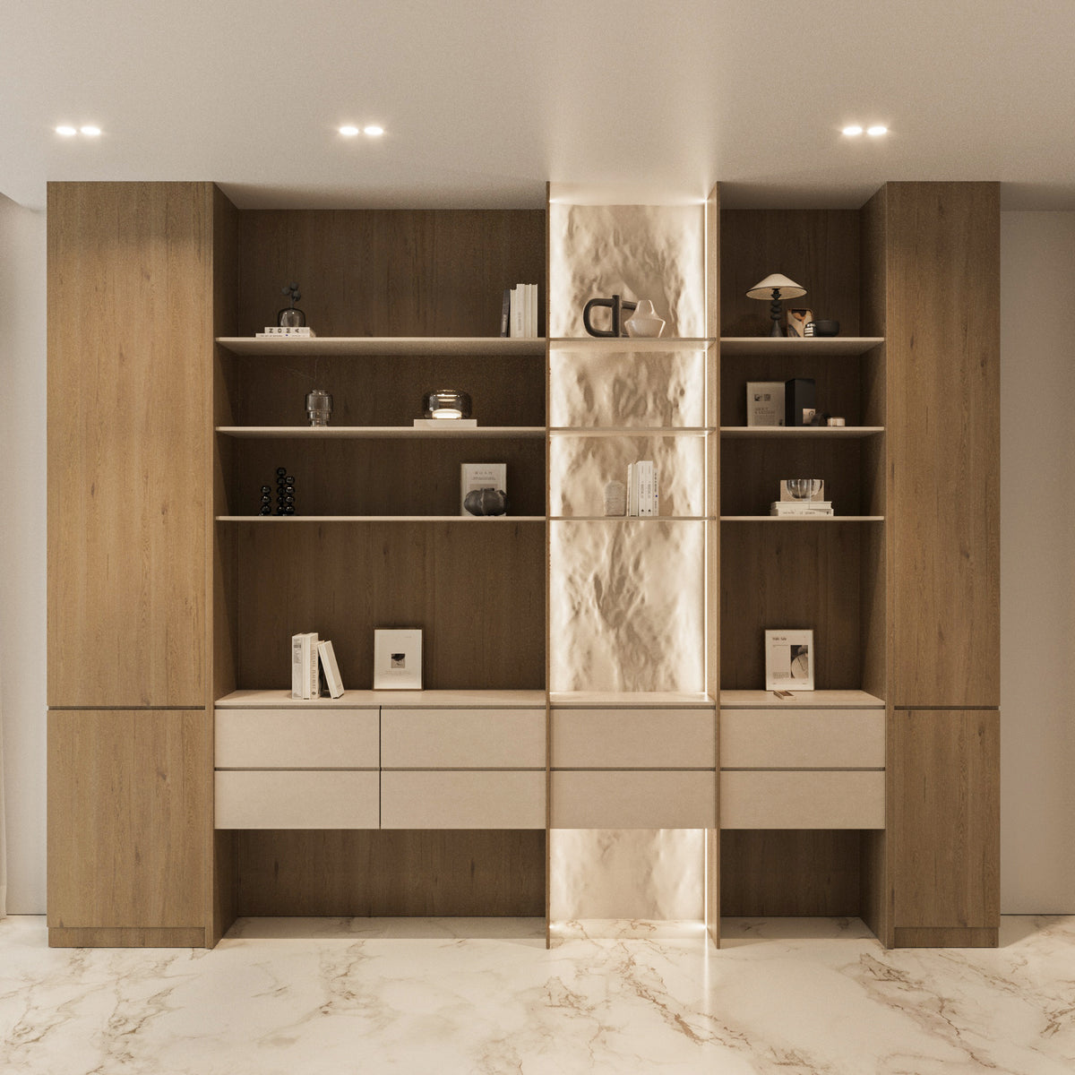 Lusso bespoke joinery wall with lit stone feature by The Gallery Home