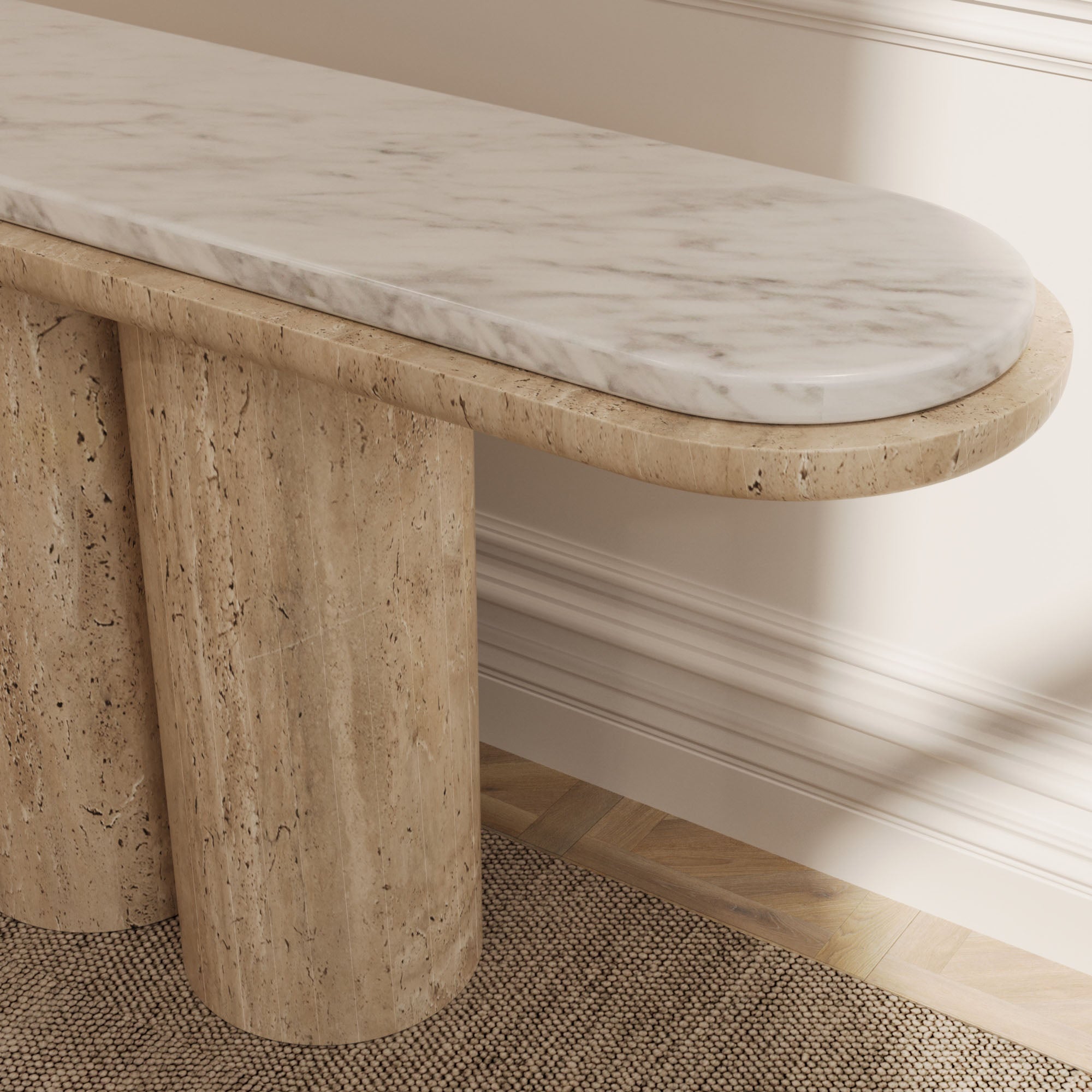 Cavallo Console Table – Travertine Base with Arabescato Marble Top