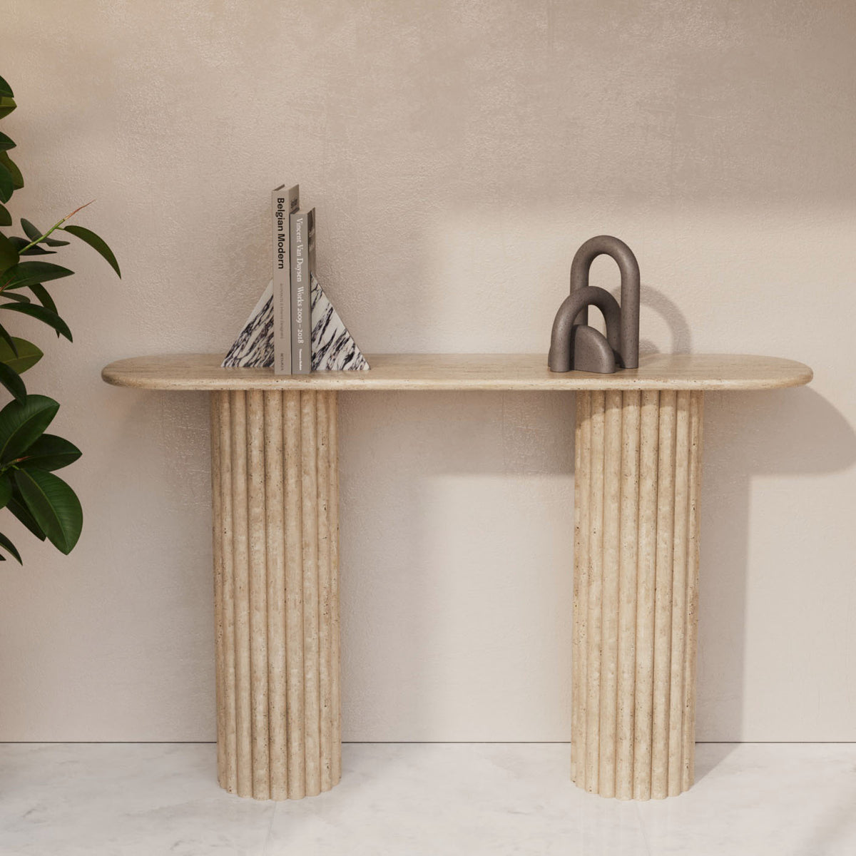 Lorenzo Travertine Console Table With Fluted Base