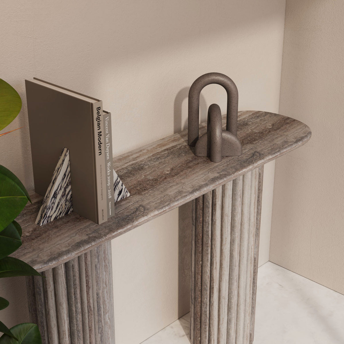 Lorenzo Grey Travertine Console Table With Fluted Base