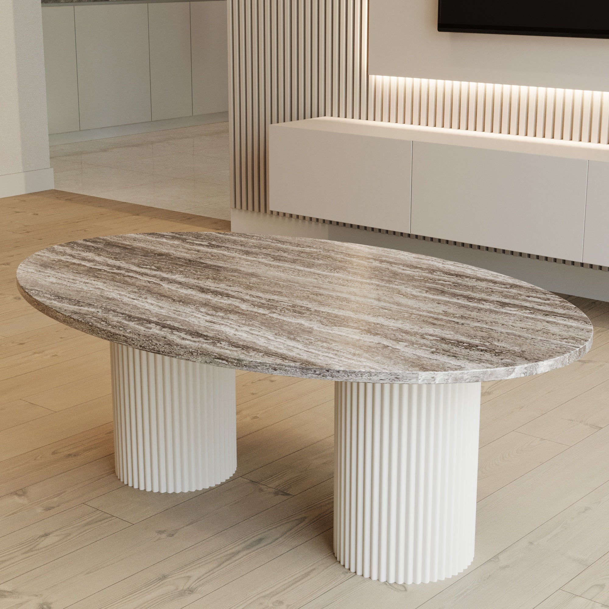 Lucente Grey Travertine Coffee Table With Fluted Base