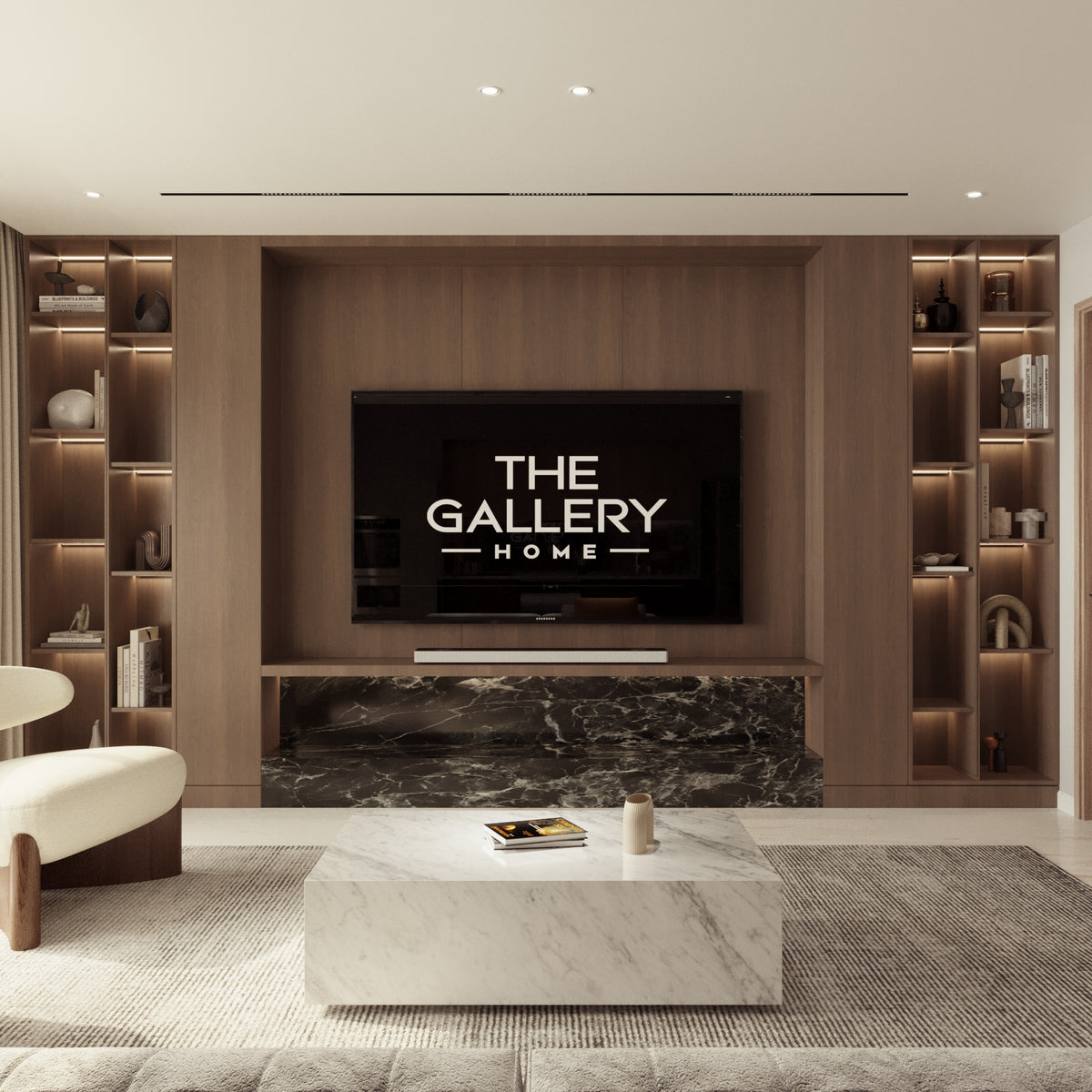 Sorrento media wall with marble and timber joinery by The Gallery Home