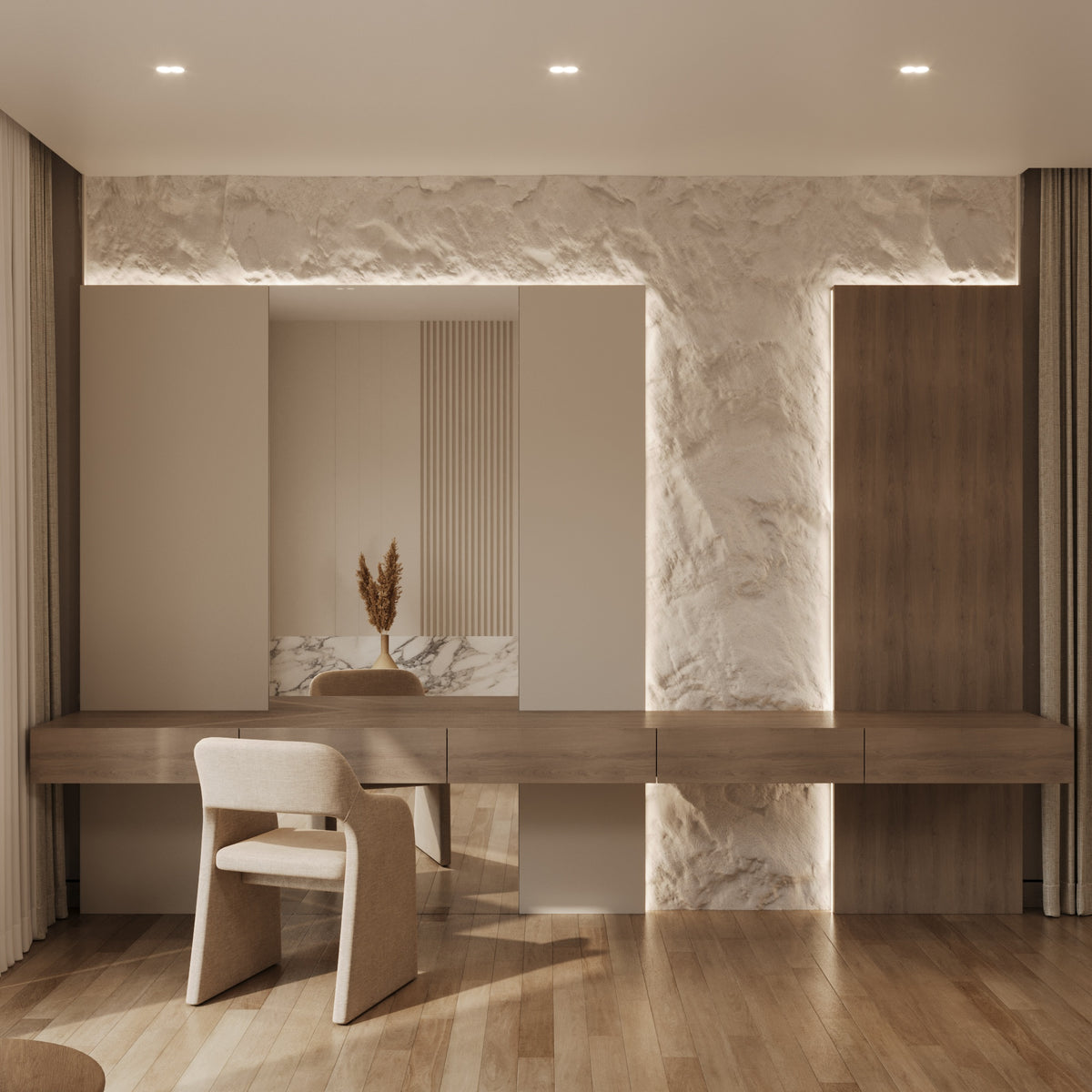 Marbella vanity wall with sculpted stone by The Gallery Home