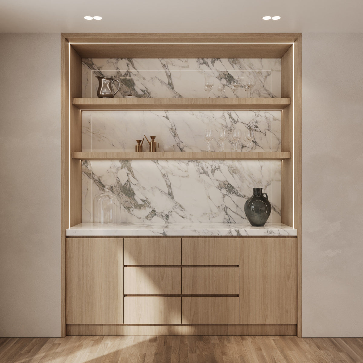 Aveline bespoke bar joinery with marble by The Gallery Home