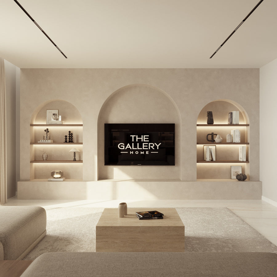 Luna arched media wall with lit niches by The Gallery Home