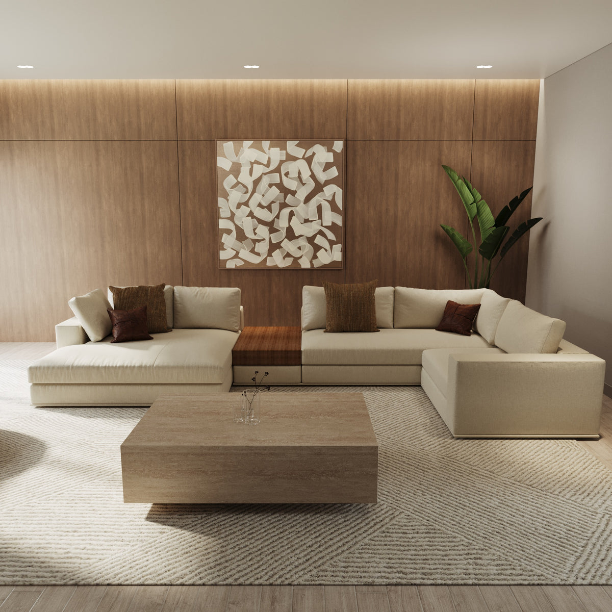 Living room with travertine coffee table and timber panelling by The Gallery Home