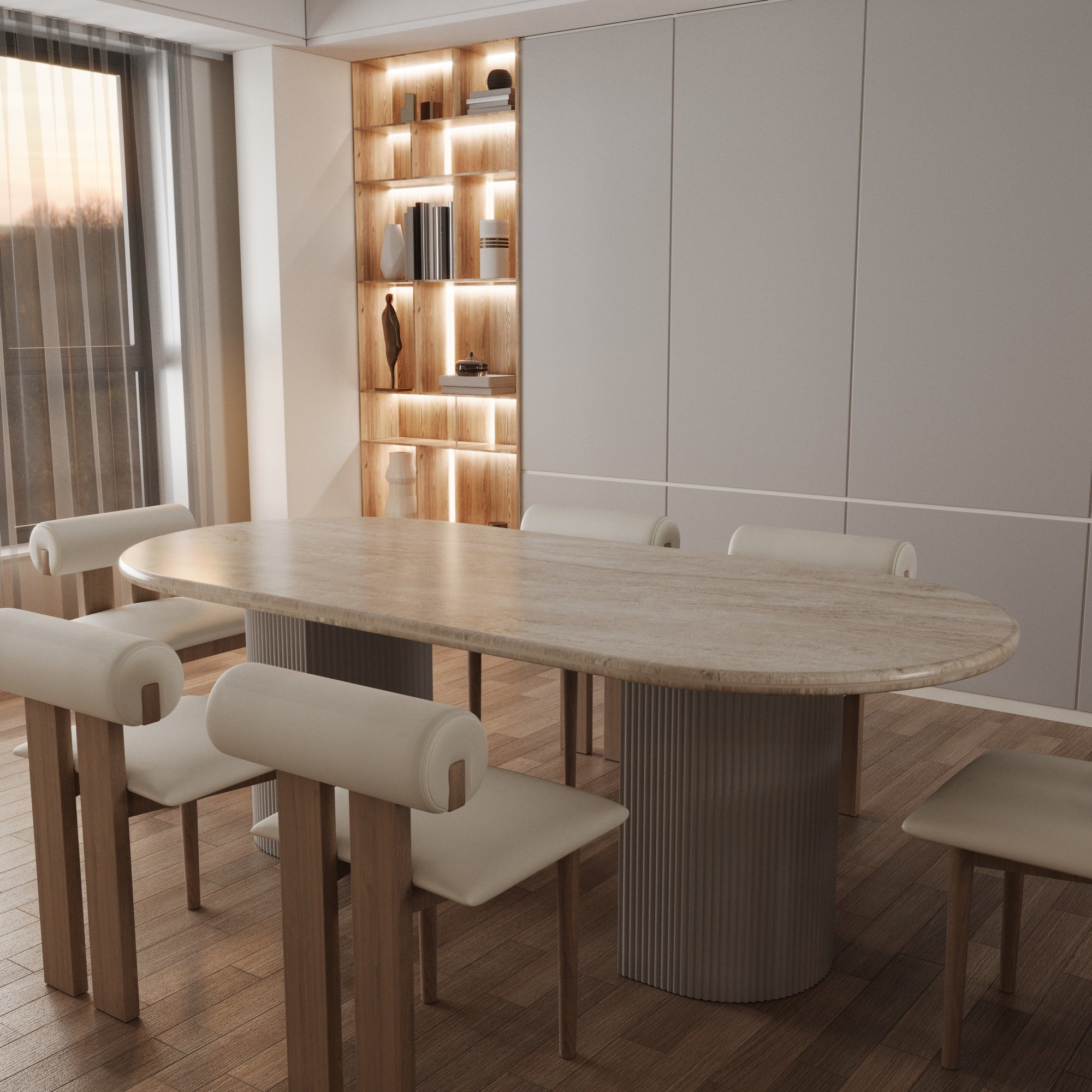 Lucente Cappuccino Oval Dining Table With Half Moon Fluted Base