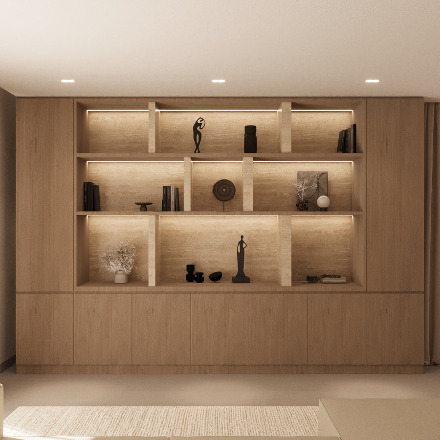 Oak and travertine display joinery by The Gallery Home