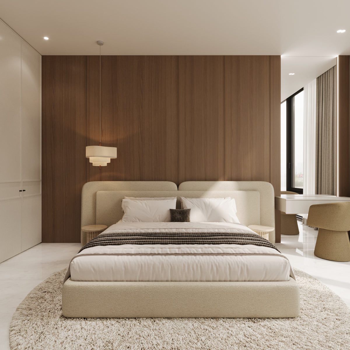 Elowen bed in a timber-panelled bedroom by The Gallery Home