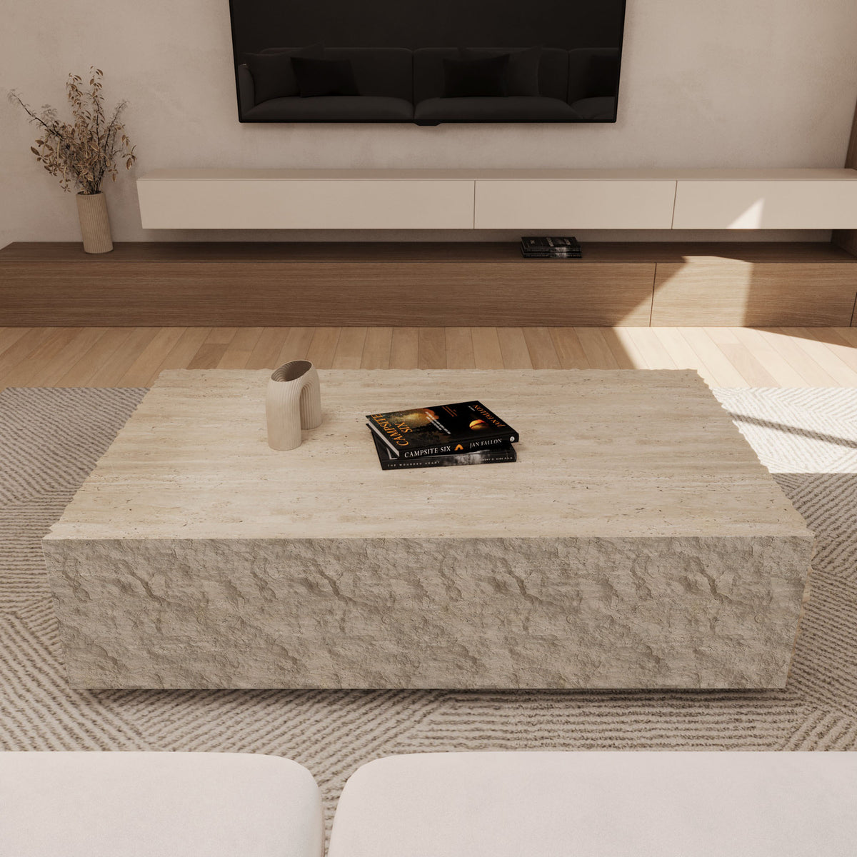 Atlas Travertine Floating Box Coffee Table With Natural Edge