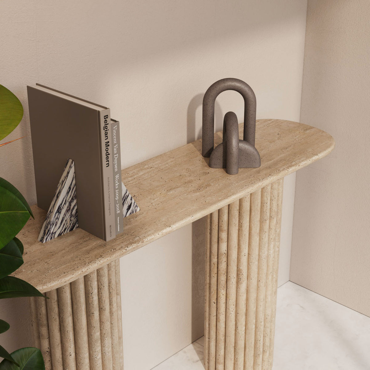 Lorenzo Travertine Console Table With Fluted Base