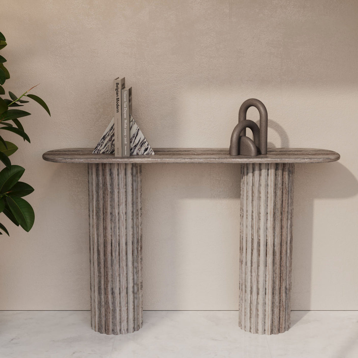 Lorenzo Grey Travertine Console Table With Fluted Base