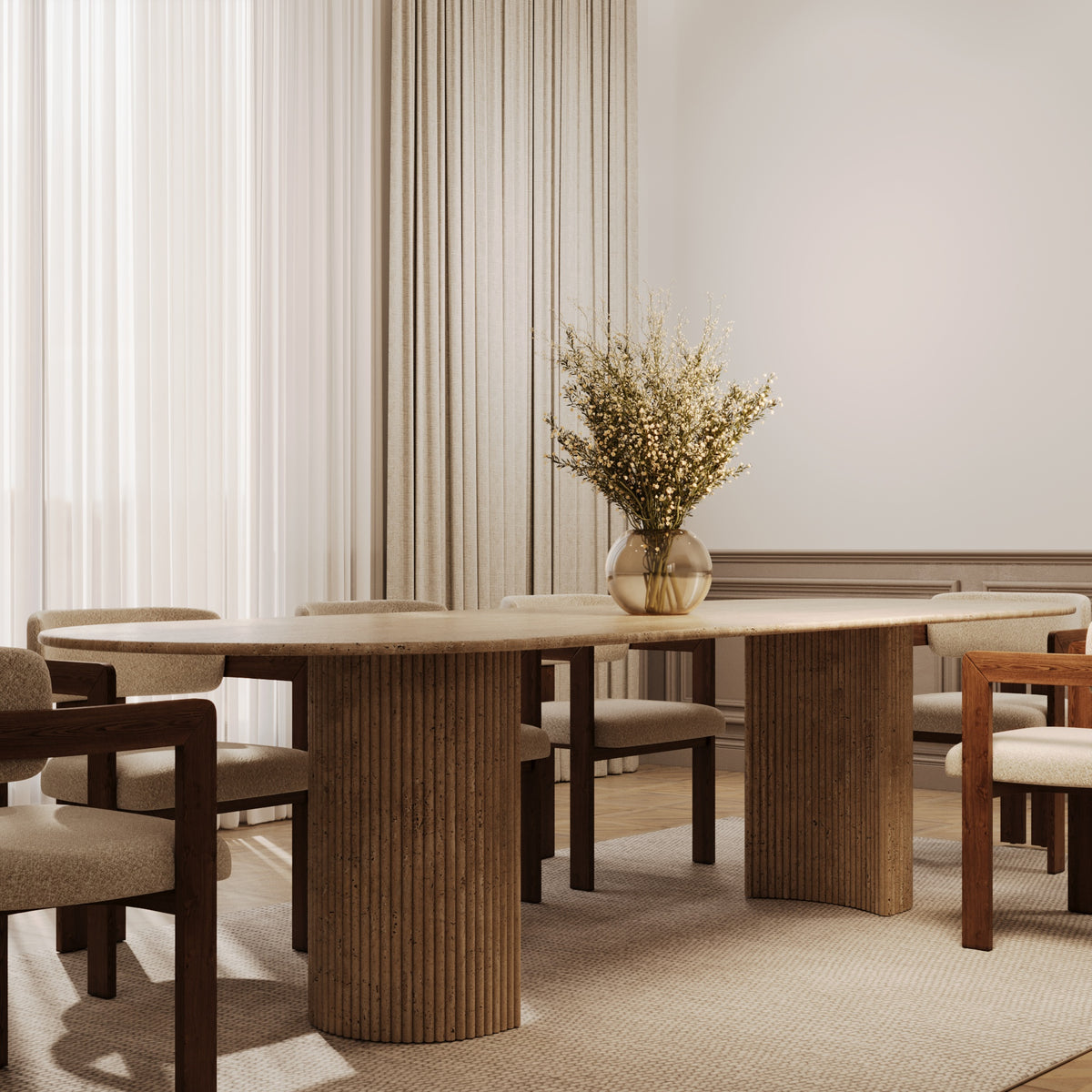 Aldo travertine oval dining table with fluted pedestals by The Gallery Home