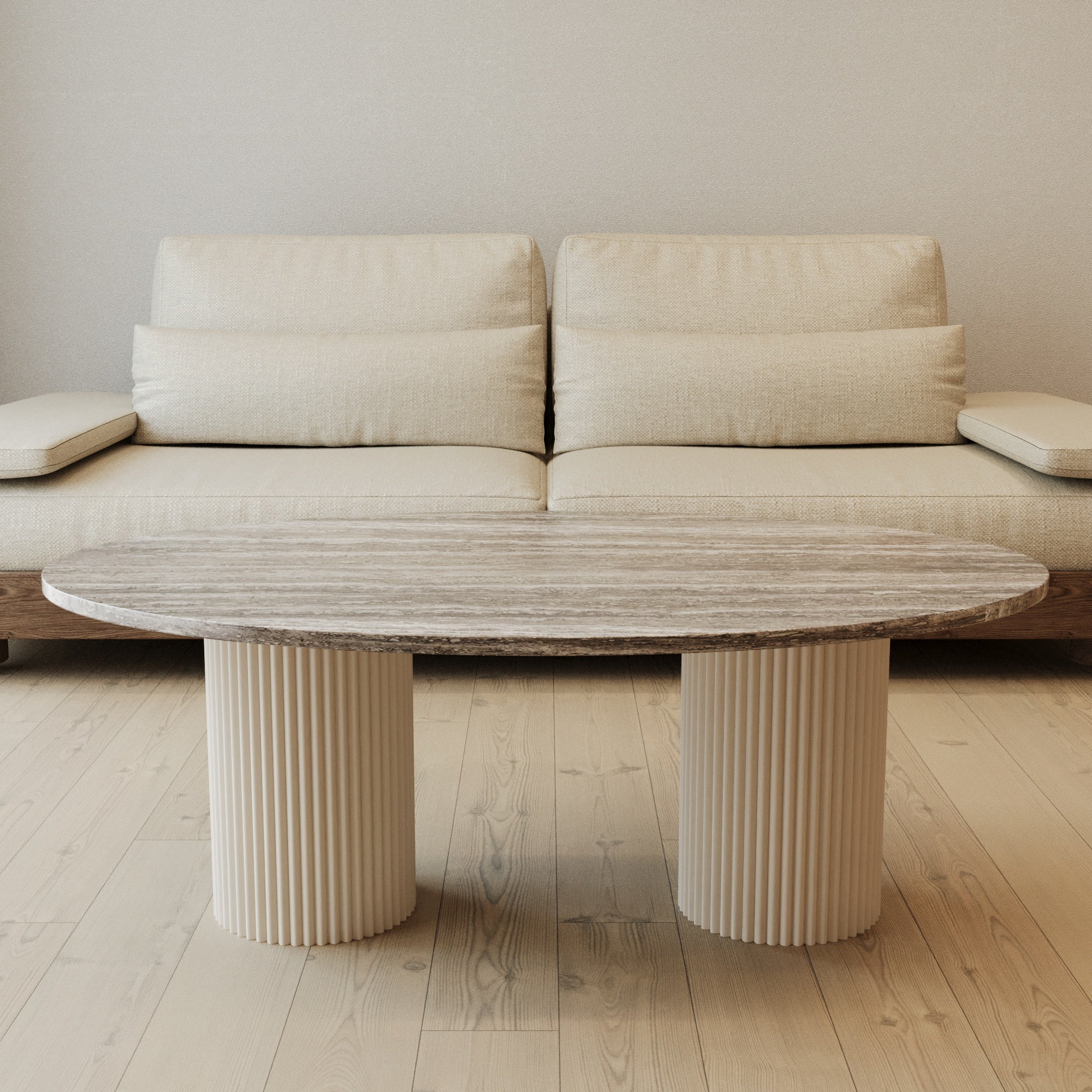 Lucente Grey Travertine Coffee Table With Fluted Base