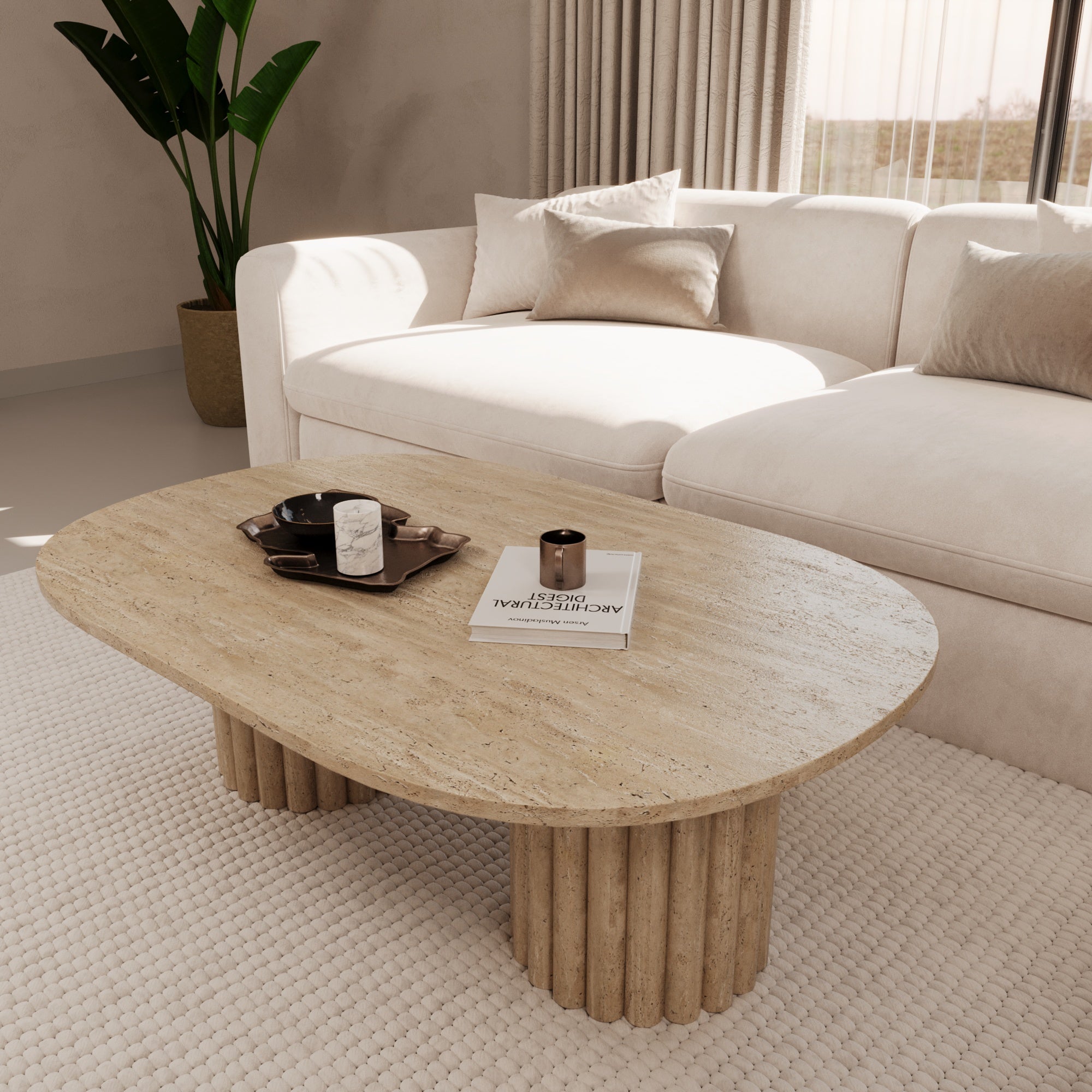 Lorenzo Travertine Coffee Table With Fluted Base