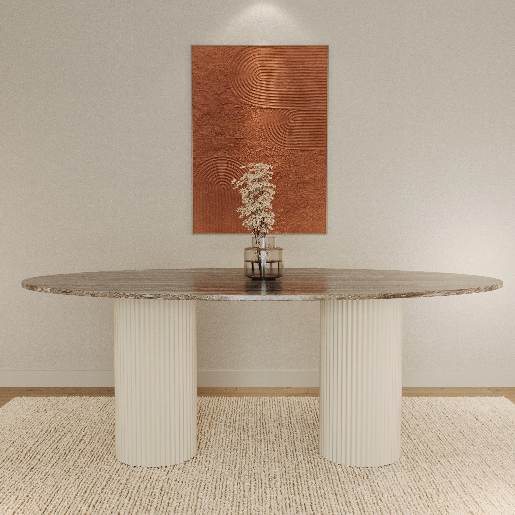 Lucente Grey Travertine Oval Dining Table With Fluted Base