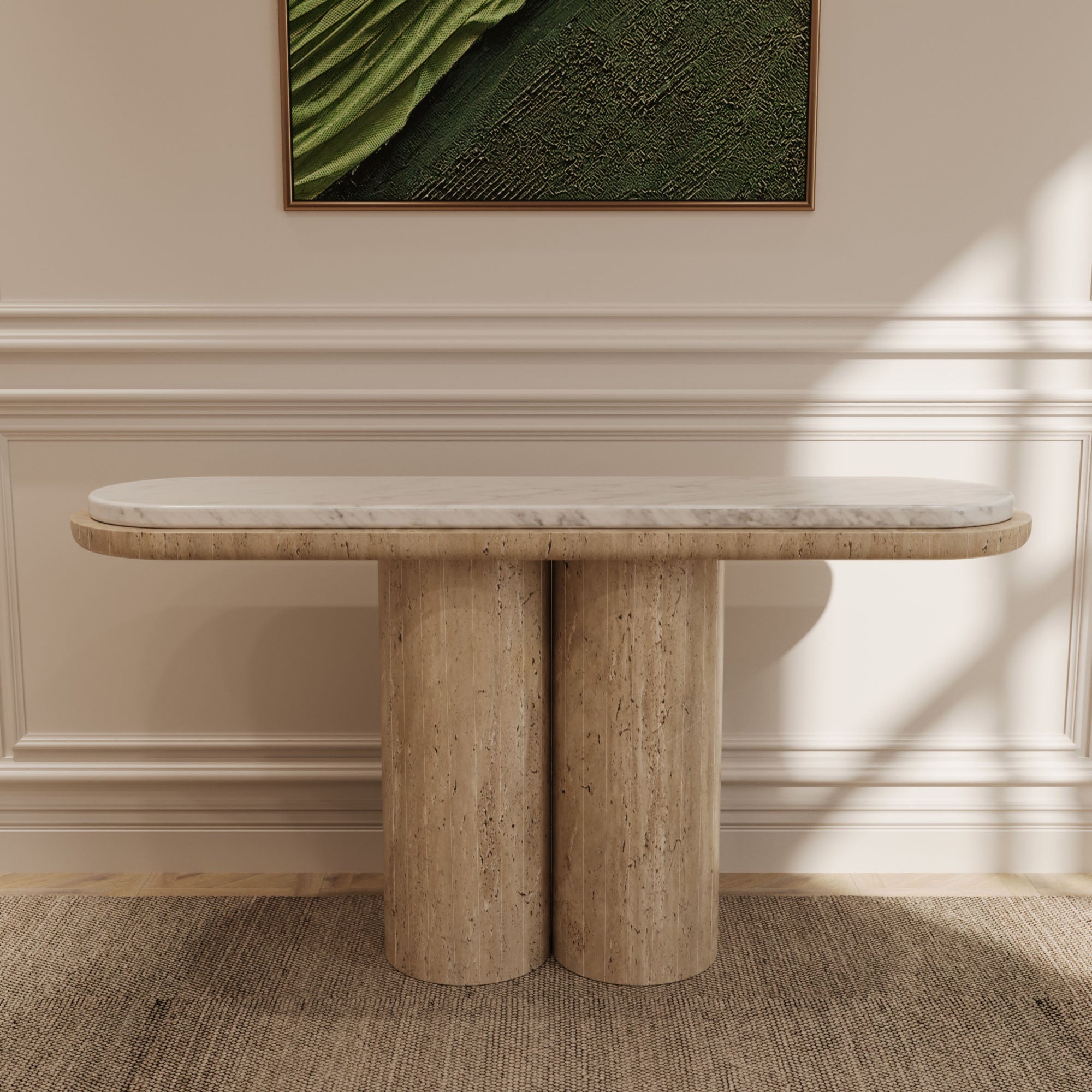 Cavallo Console Table – Travertine Base with Arabescato Marble Top