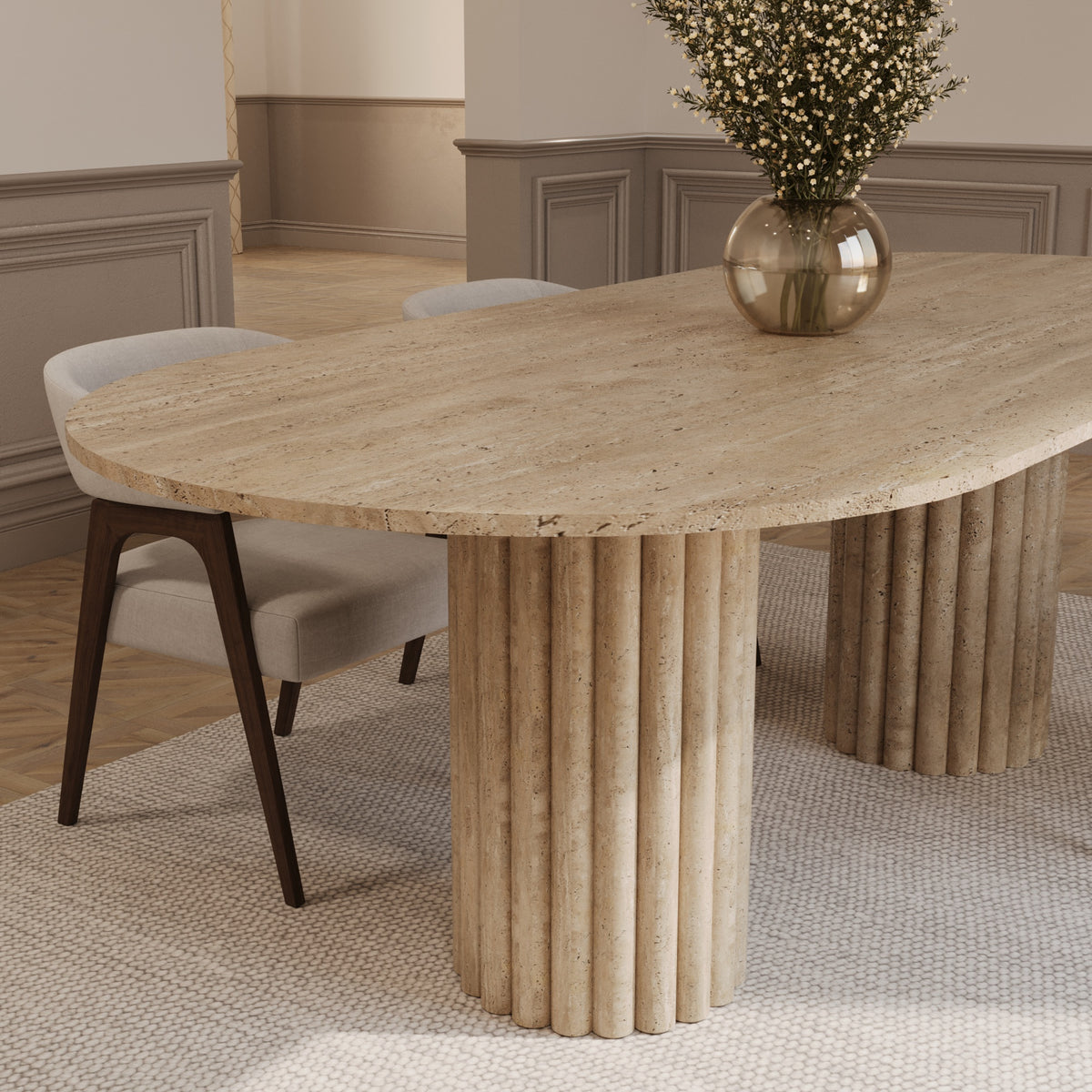 Lorenzo Travertine Oval Dining Table With Fluted Base