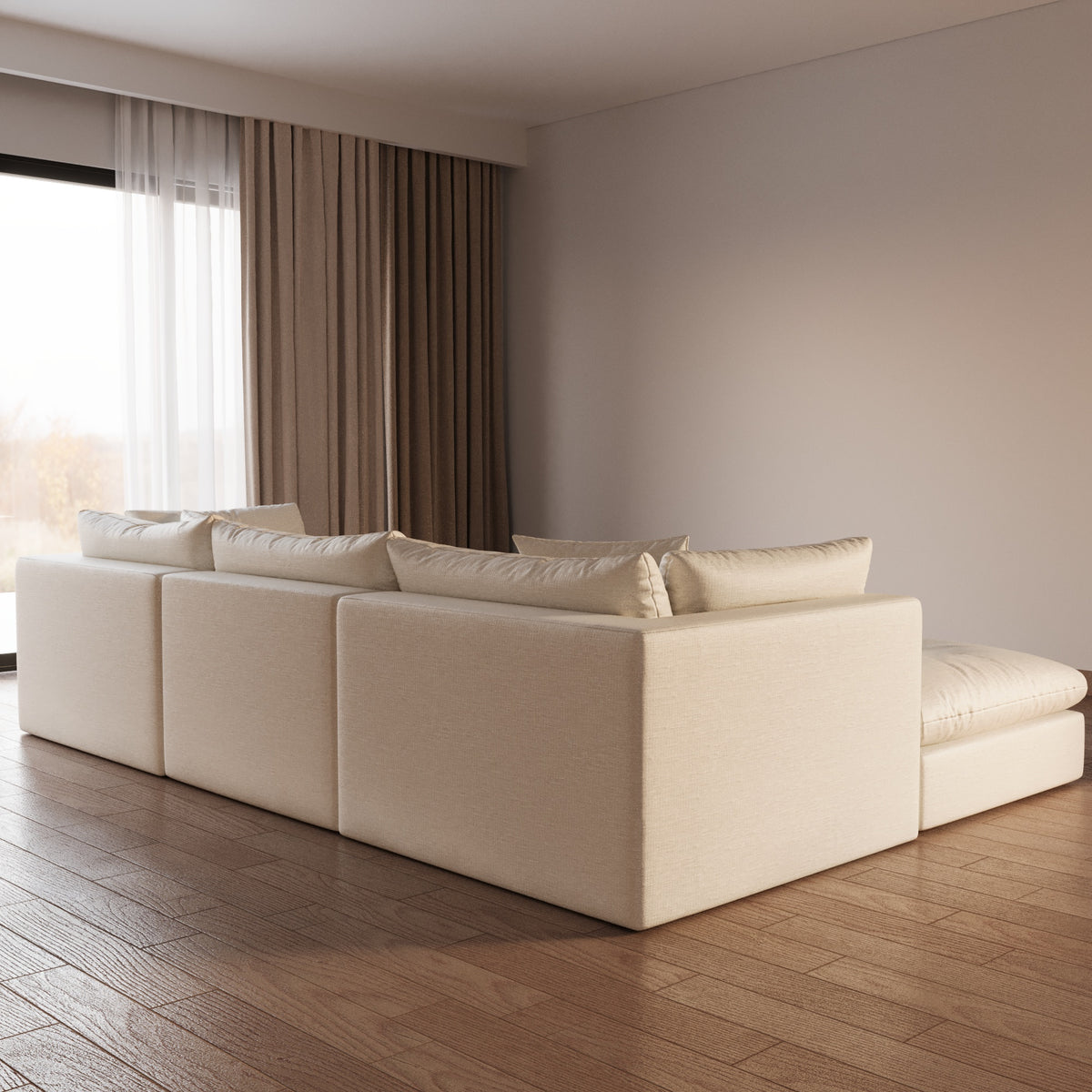 Modular sofa shown from behind with a fully upholstered back by The Gallery Home