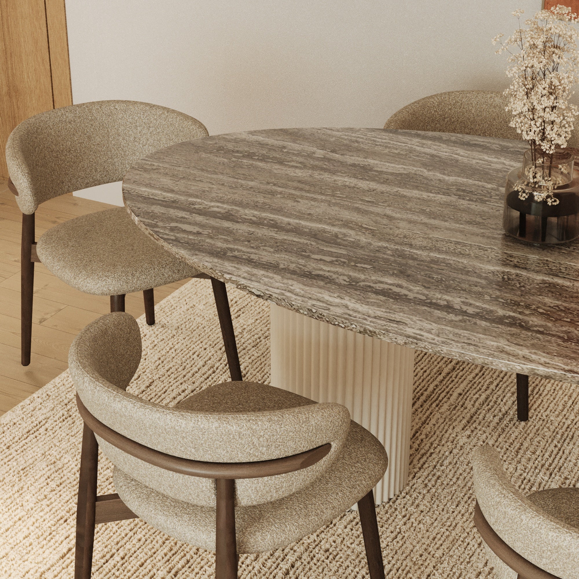 Lucente Grey Travertine Oval Dining Table With Fluted Base