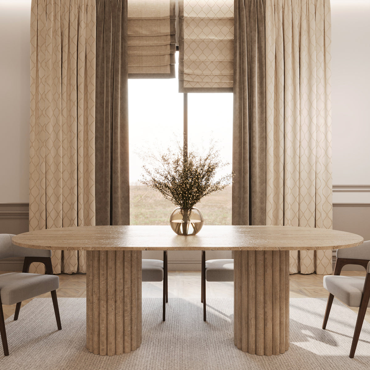 Lorenzo travertine oval dining table set for six by The Gallery Home
