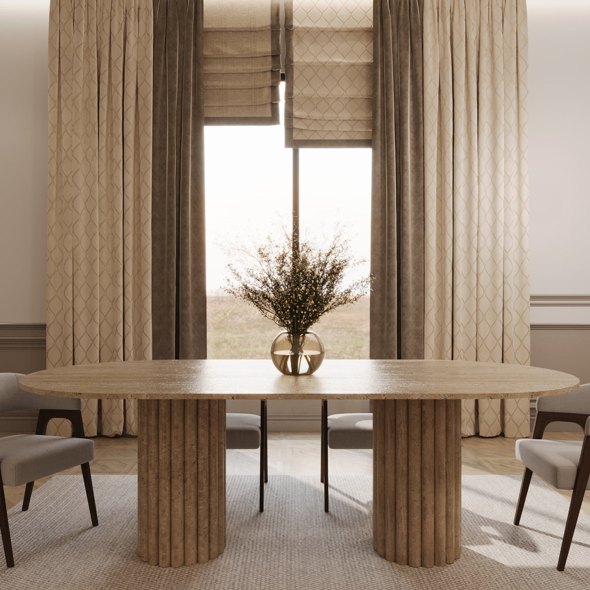 Lorenzo Travertine Oval Dining Table With Fluted Base