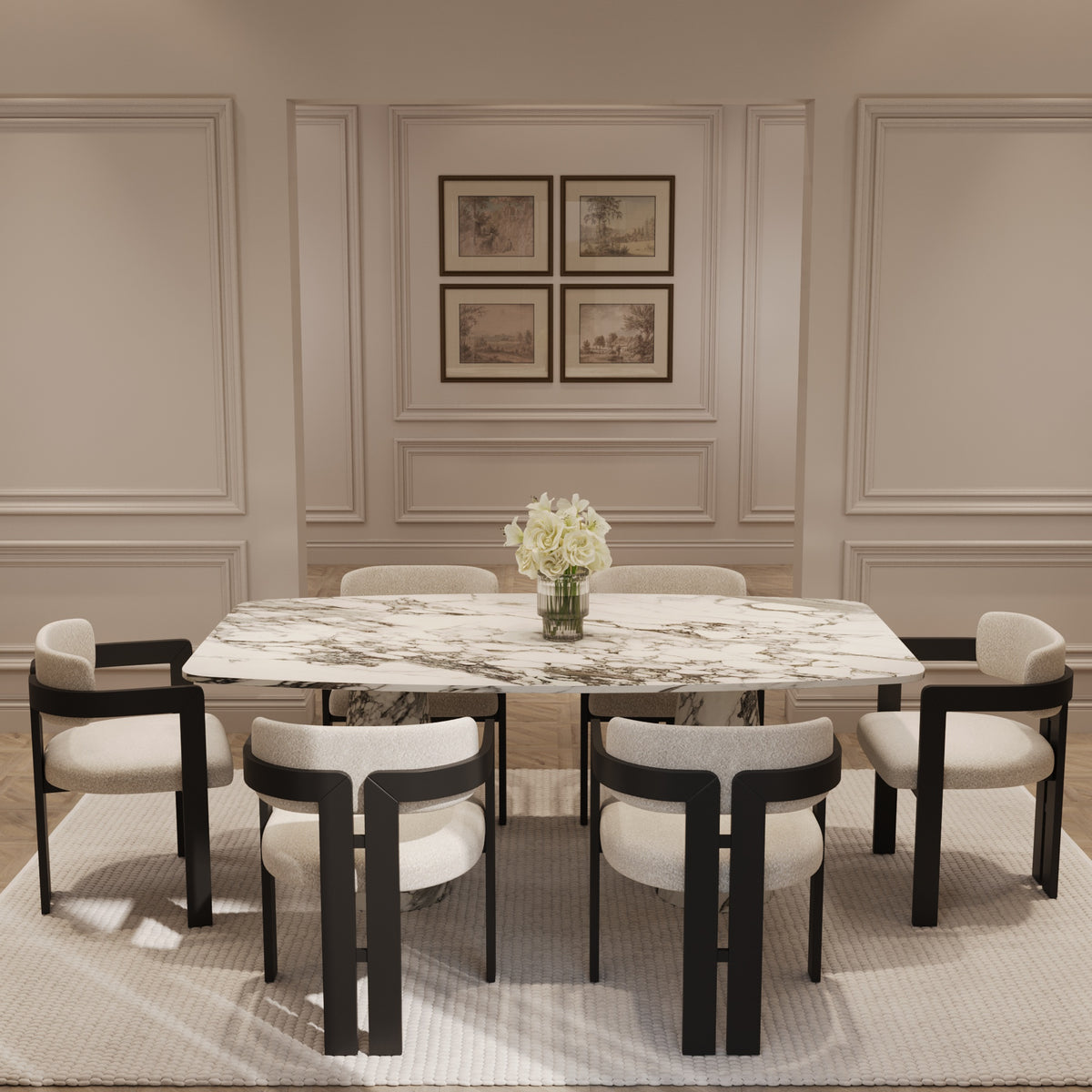 Panelled dining room with marble table designed by The Gallery Home