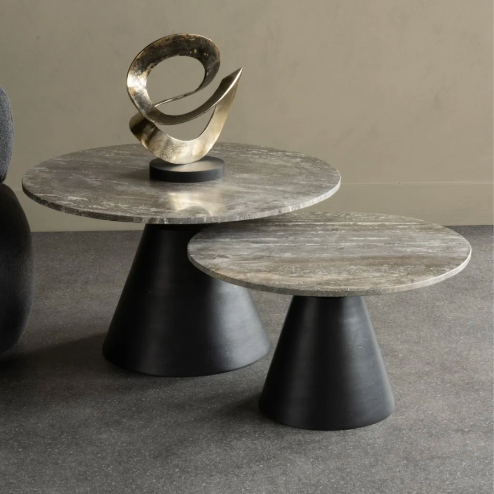 ALIZA HAND CRAFTED BLACK BASE GREY TRAVERTINE COFFEE TABLE