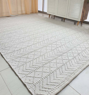 Hand Made White Rectangle Woven Area Rug For Living Room & Bedroom (5 Sizes)