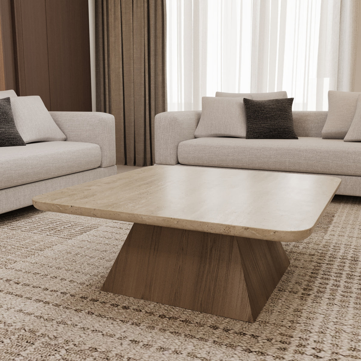 Square travertine coffee table on a timber pedestal base by The Gallery Home