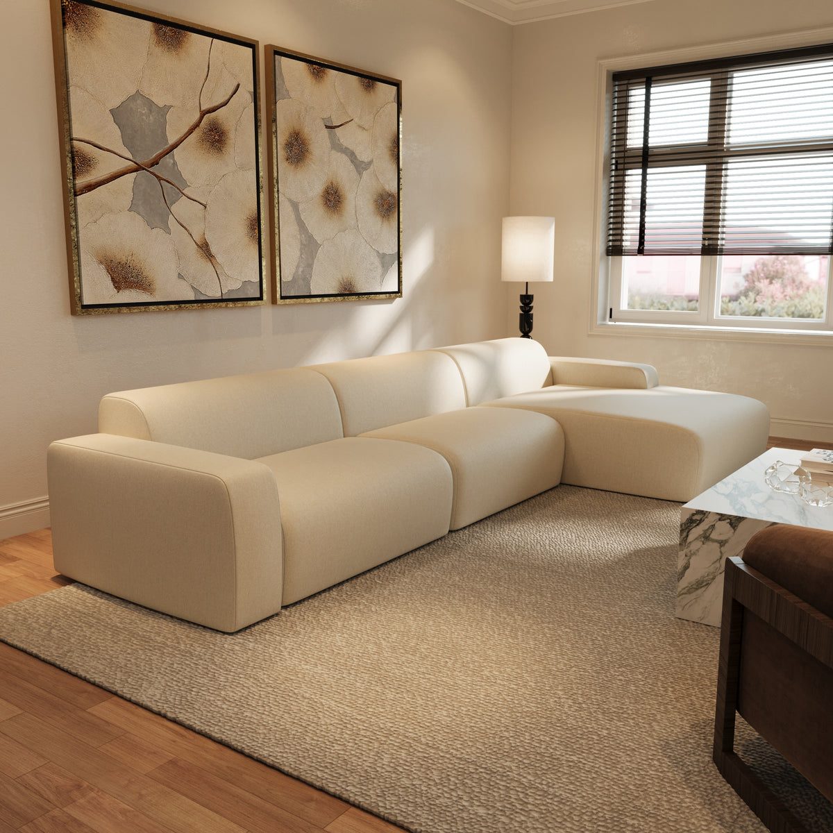 Amara upholstered bed with a marble wall by The Gallery Home