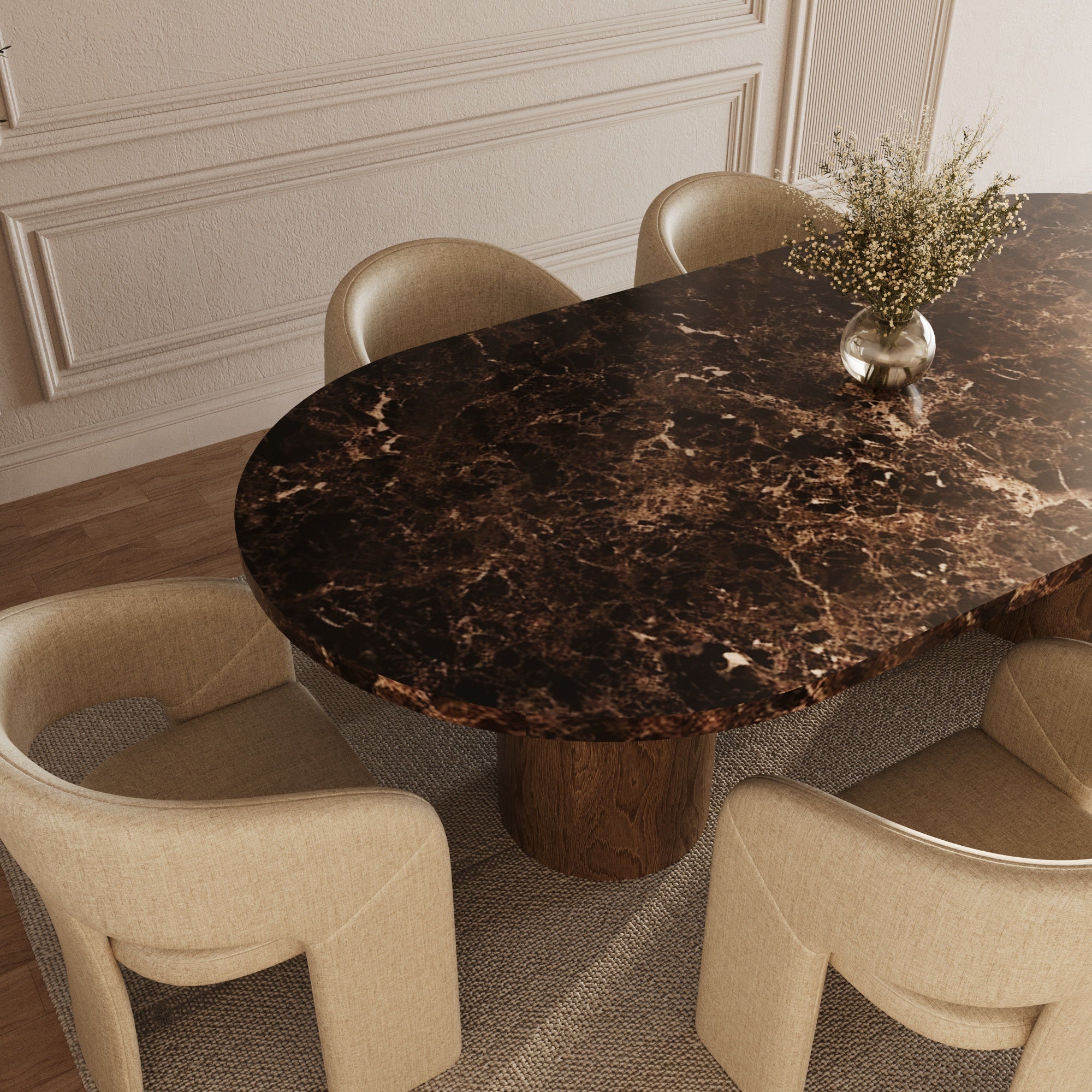 Vivian Dark Emperador Oval Marble Dining Table